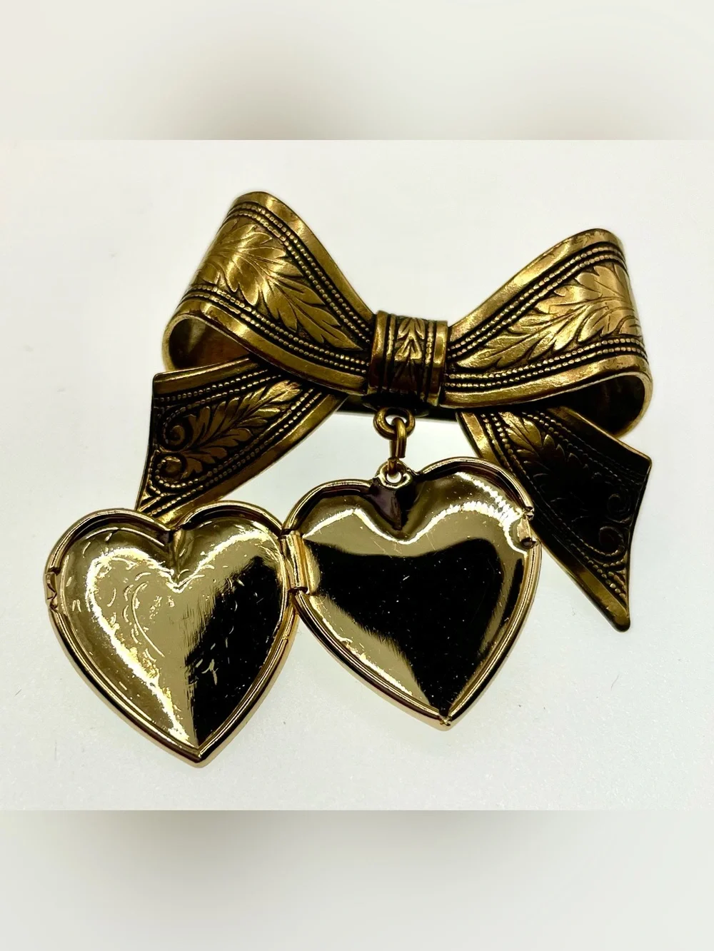 Vintage Gold Tone Bow Brooch Dangling Heart Locket Charm Victorian Revival